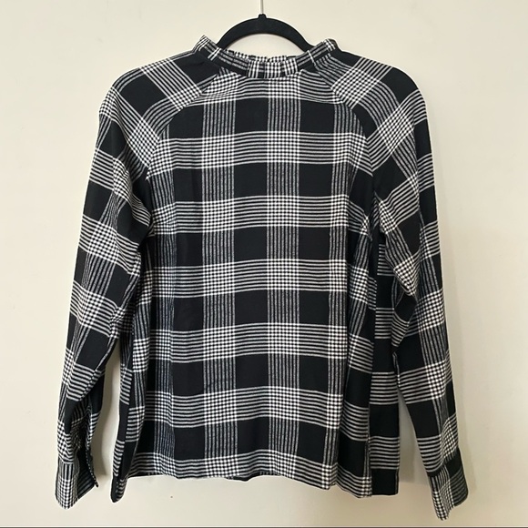 Loft Black and White Plaid Pleated Ruffle Neck Blouse - Picture 3 of 9